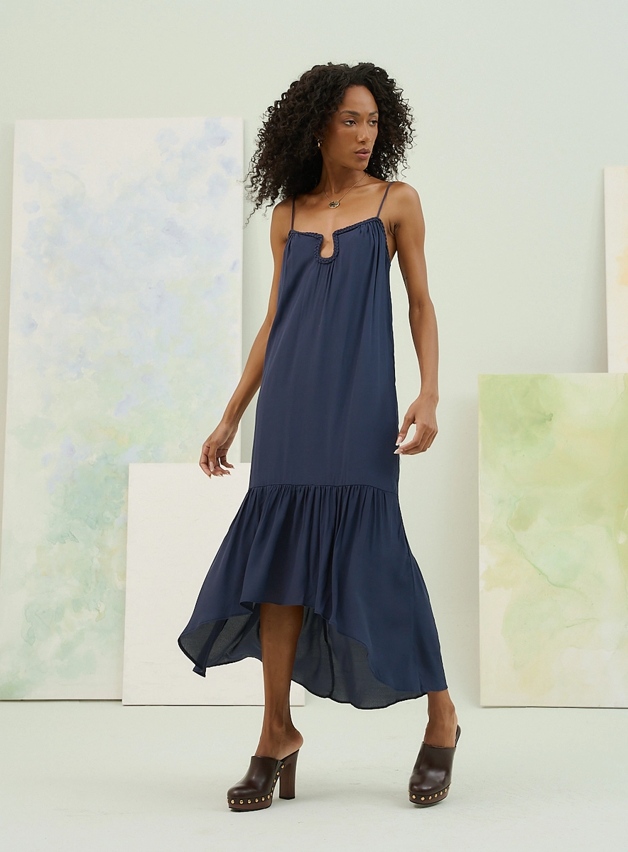 Vestido Basic Comfort Com Alças Finas E Decote U Azul Souisy