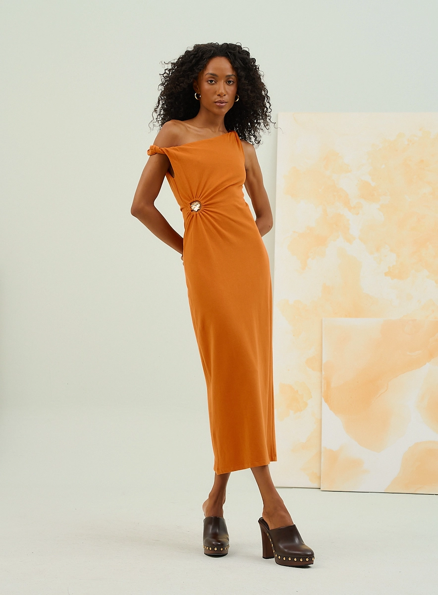 Vestido Midi Assimétrico Com Nó Lateral Laranja Souisy
