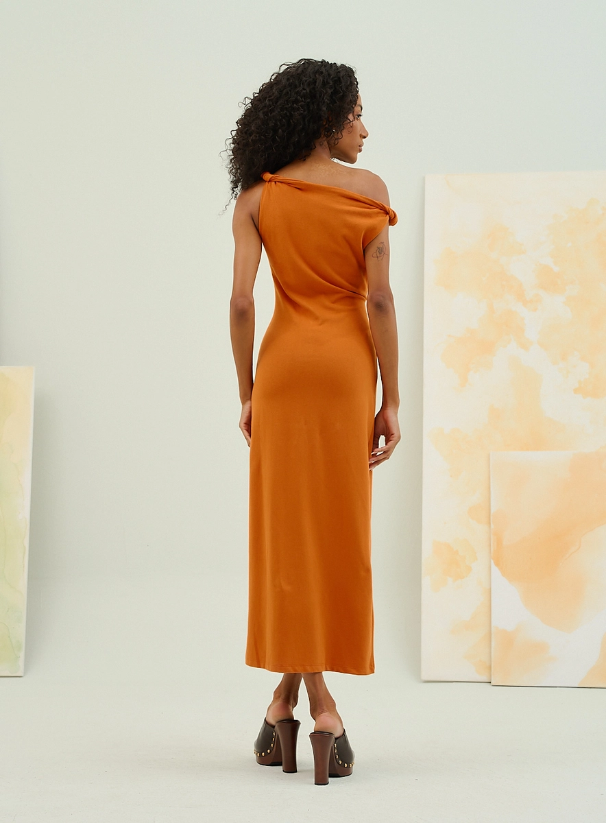 Vestido Midi Assimétrico Com Nó Lateral Laranja Souisy