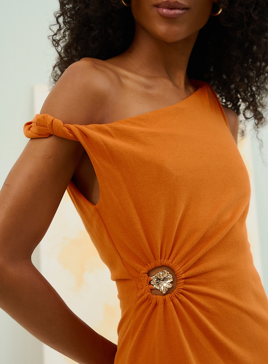 Vestido Midi Assimétrico Com Nó Lateral Laranja Souisy