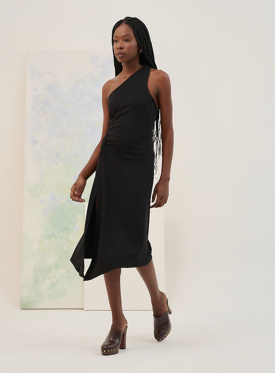 Vestido Midi Assimétrico De Um Ombro Só Preto Souisy