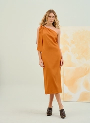 Vestido Midi One Shoulder Com Pala Drapeada