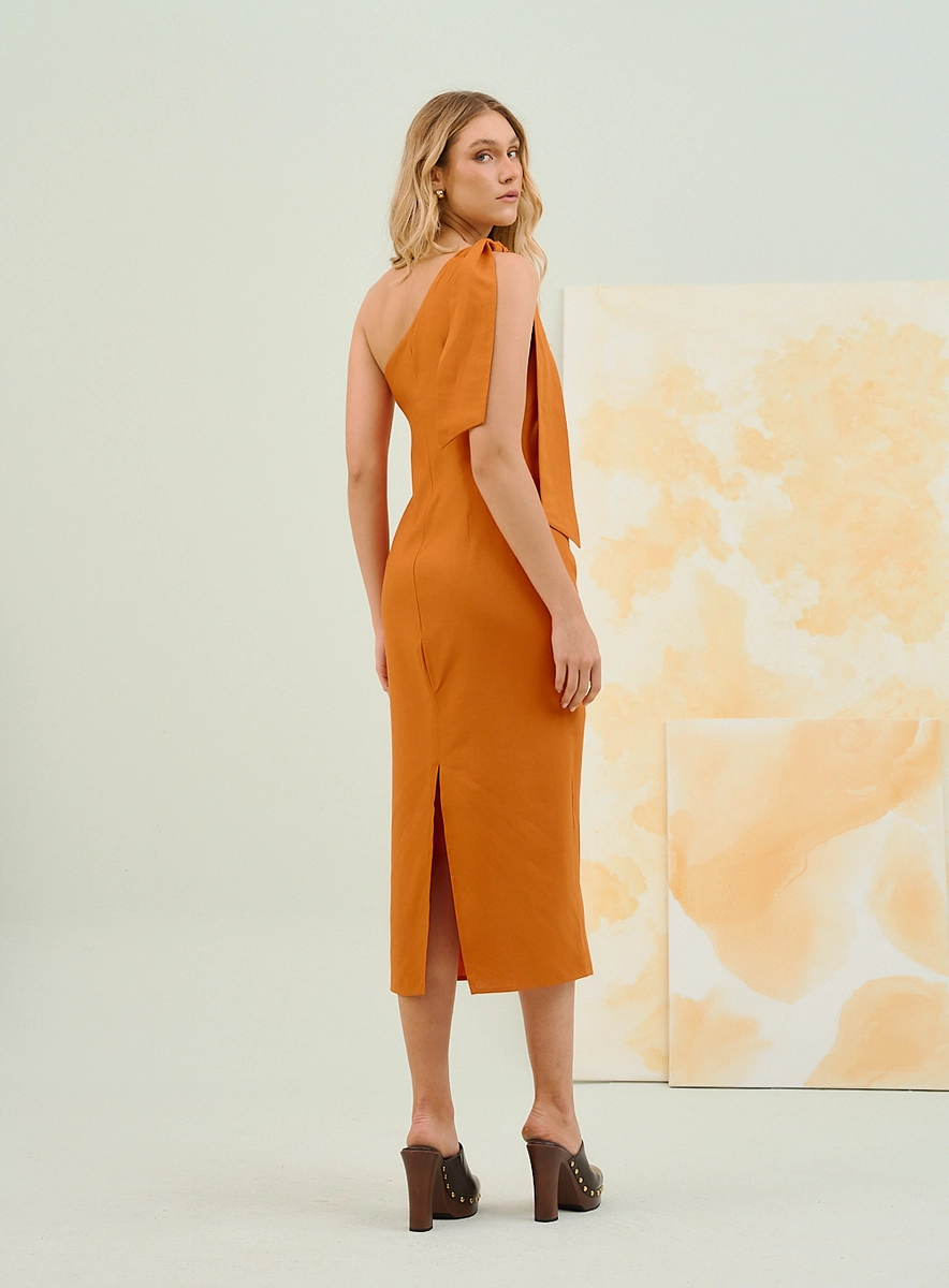 Vestido Midi One Shoulder Com Pala Drapeada Laranja Souisy