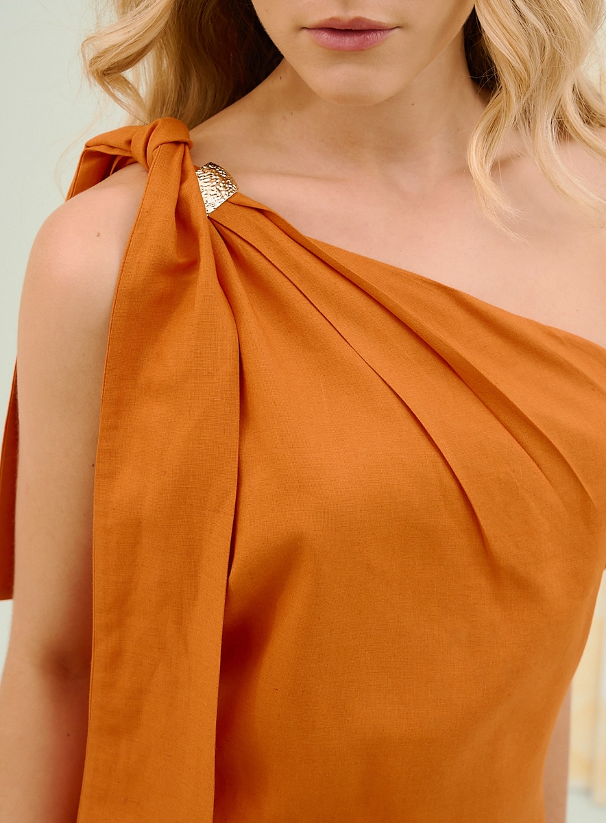 Vestido Midi One Shoulder Com Pala Drapeada Laranja Souisy