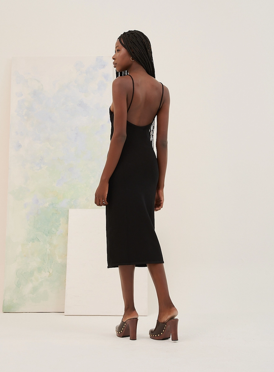 Vestido Midi Com Torção E Aplique Metálico Preto Souisy