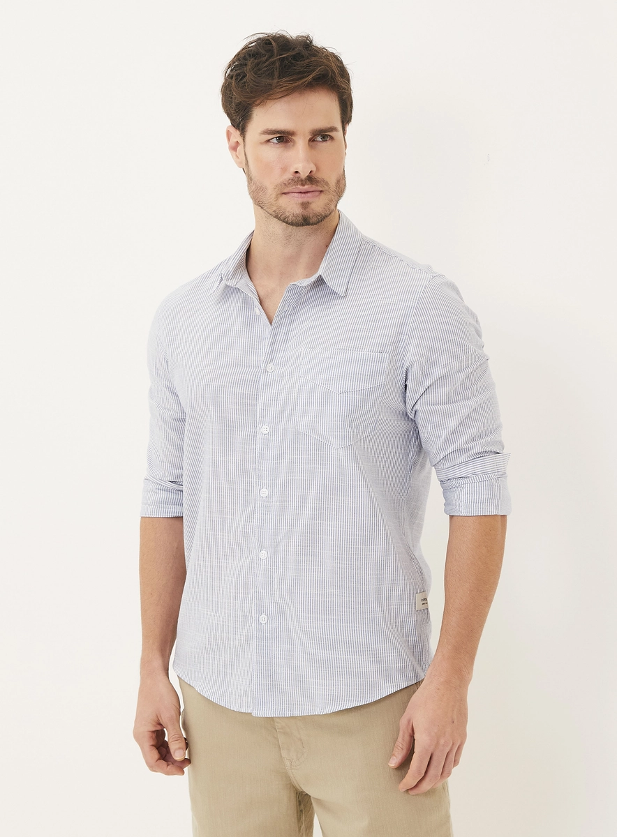 Camisa Masculina Regular Estampada Com Listras Azul Lcecci