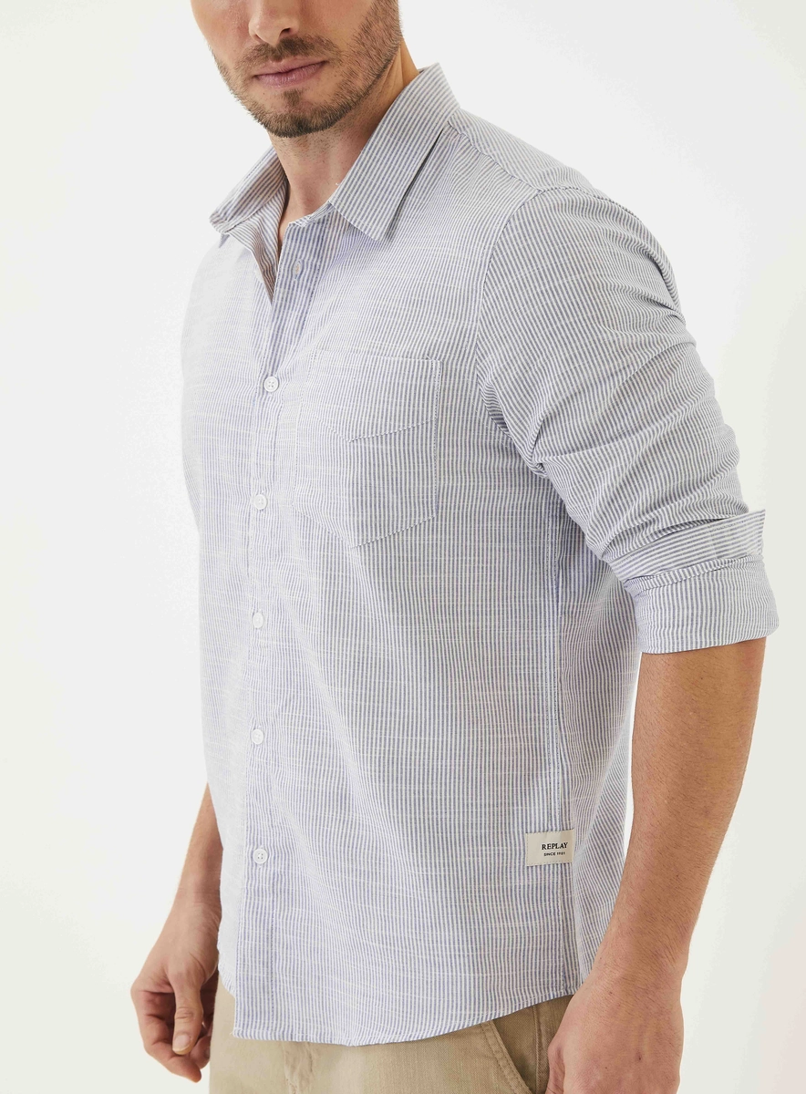 Camisa Masculina Regular Estampada Com Listras Azul Lcecci