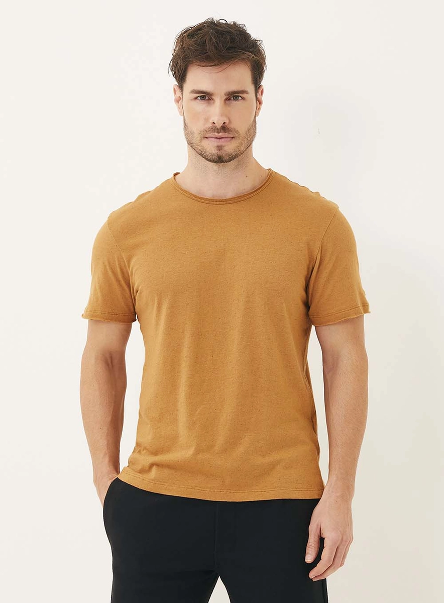 Camiseta Masculina Manga Curta Com Linho Marrom Lcecci