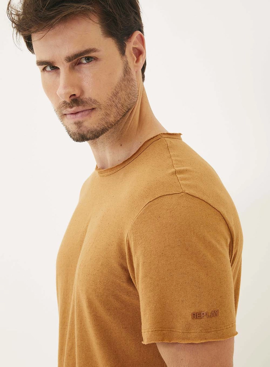 Camiseta Masculina Manga Curta Com Linho Marrom Lcecci