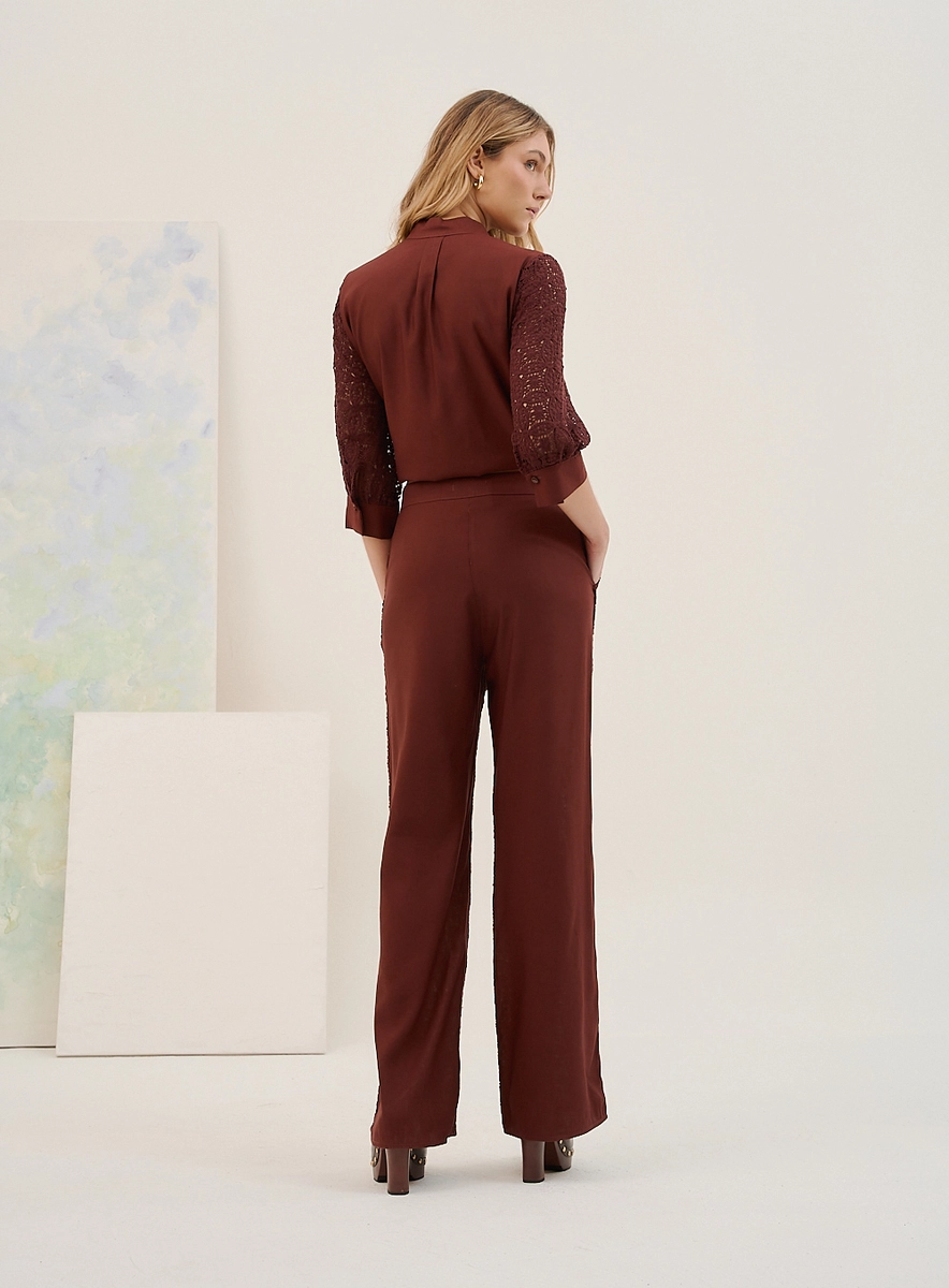 Calça Feminina Basic Comfort Com Renda Frontal Marrom Souisy