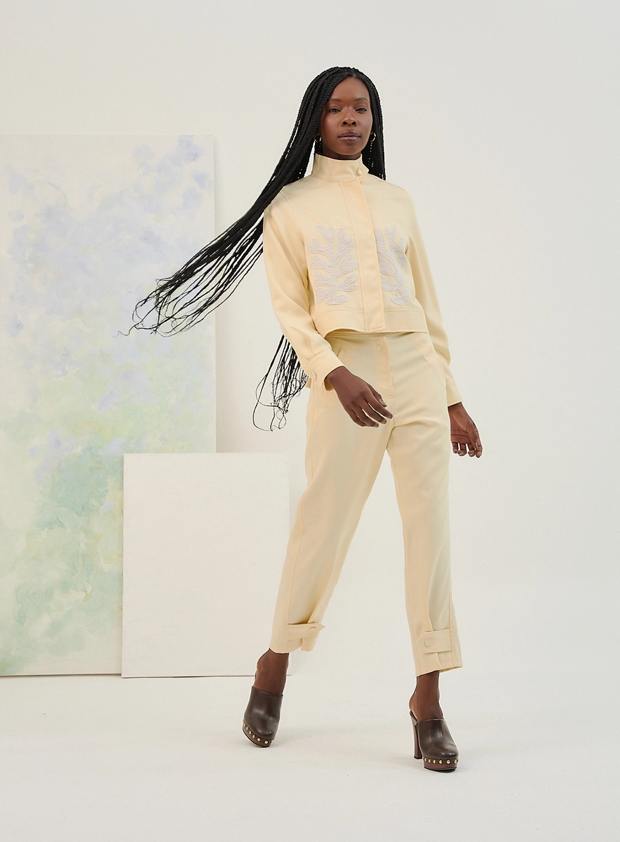 Calça Reta Alfaiataria Com Lapelas Amarelo Souisy