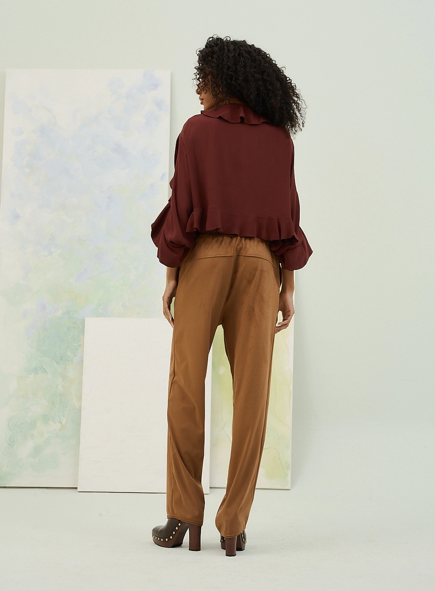 Calça Feminina Bordada Com Cós Elástico Marrom Souisy