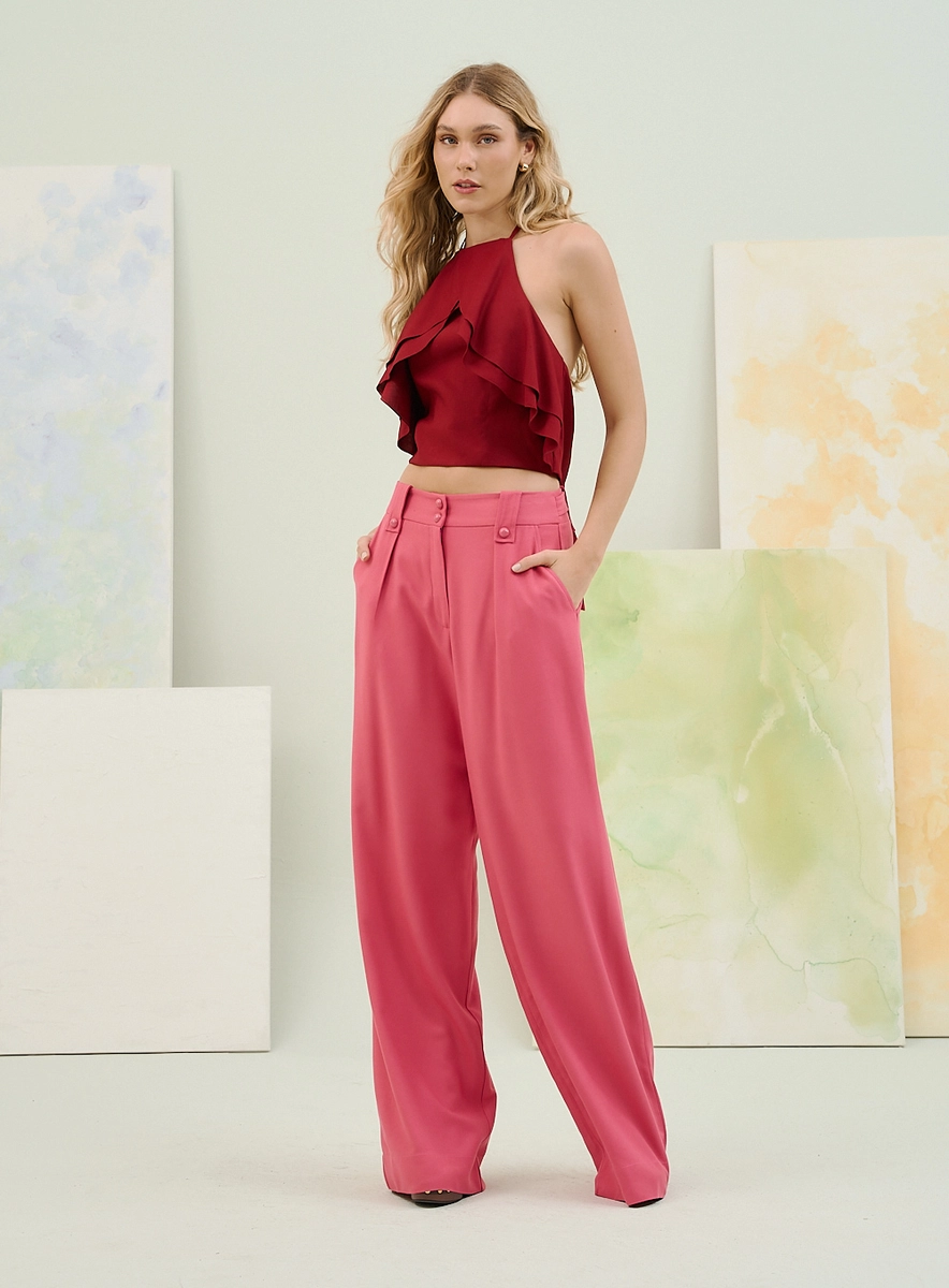 Calça Alfaiatada Com Abotoamento Duplo E Lapelas Rosa Souisy