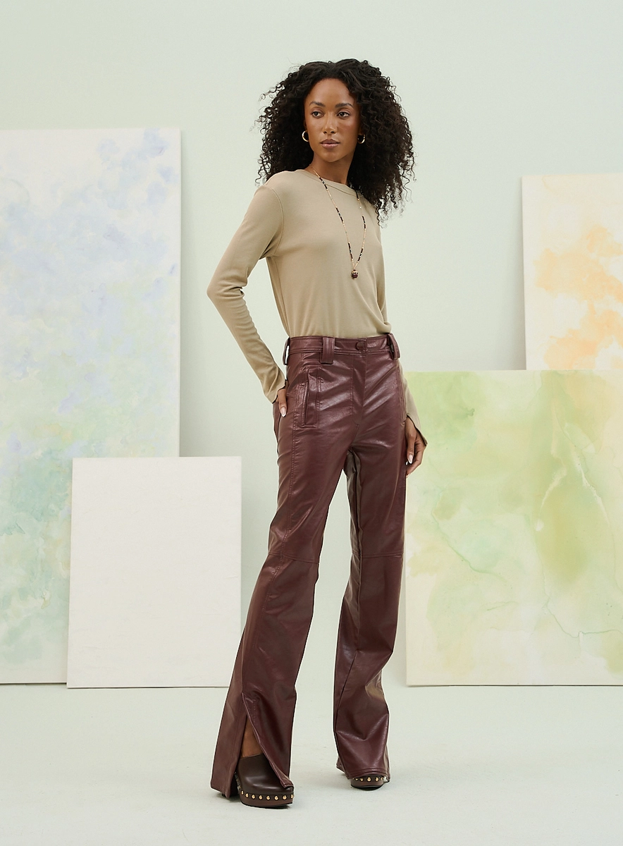 Calça Basic Comfort Feminina Em Pu Marrom Souisy