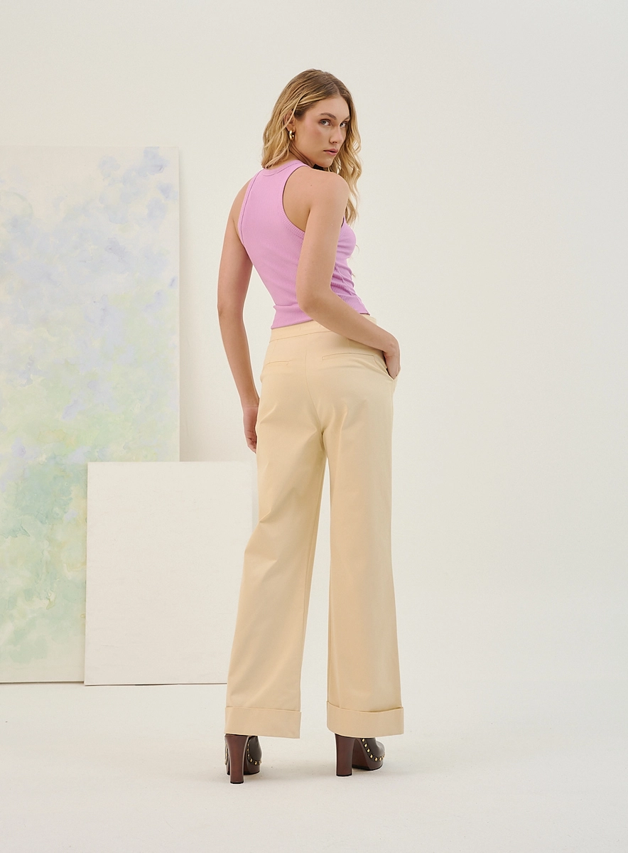 Calça Basic Comfort Feminina Com Dobra Na Barra Amarelo Souisy