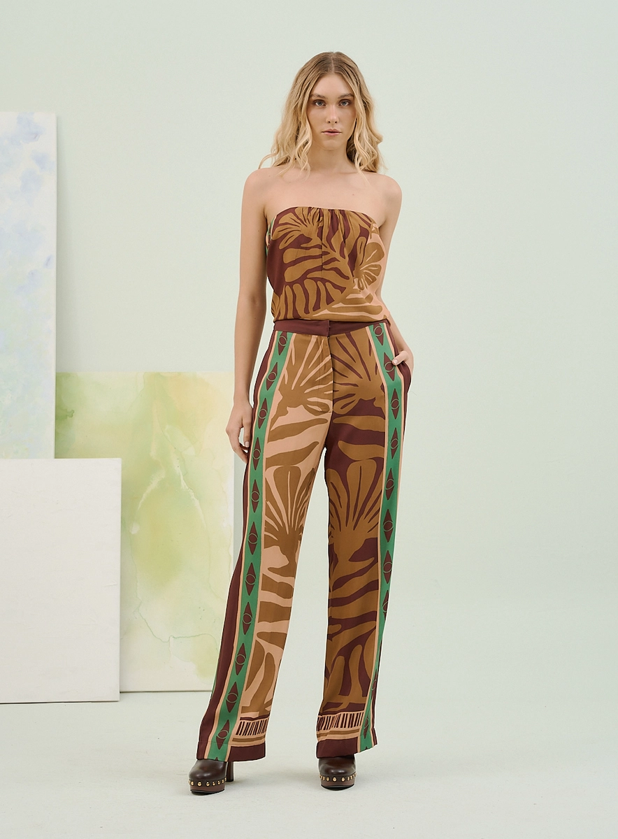 Calça Feminina Estampada Com Painel Lateral Verde Estampados Souisy