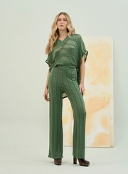 Calça Pantalona Tricot Com Textura Relevo