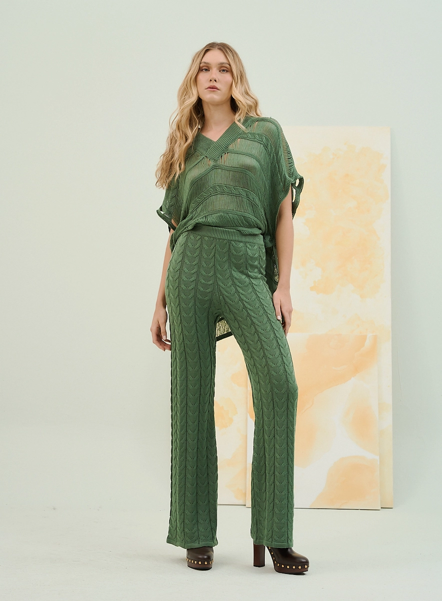 Calça Pantalona Tricot Com Textura Relevo Verde Souisy