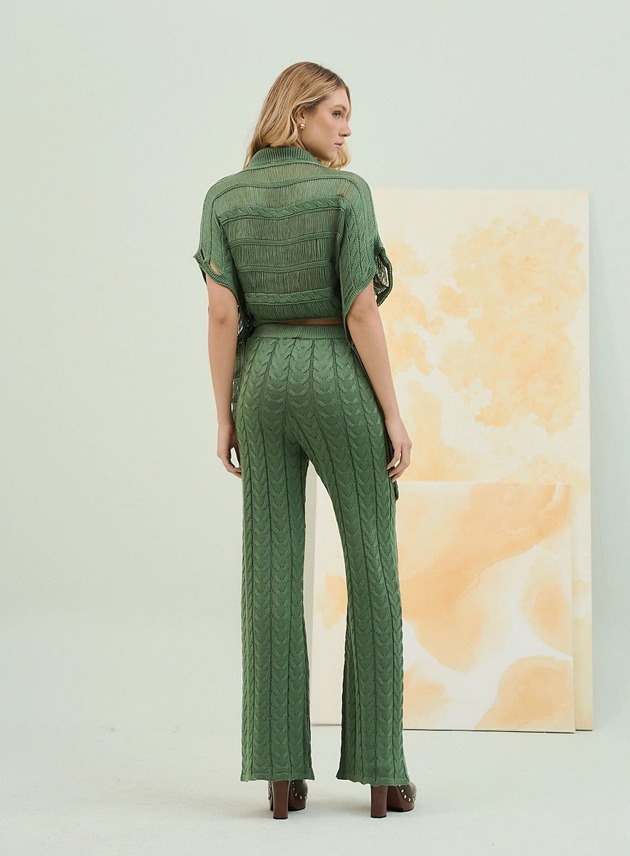 Calça Pantalona Tricot Com Textura Relevo Verde Souisy
