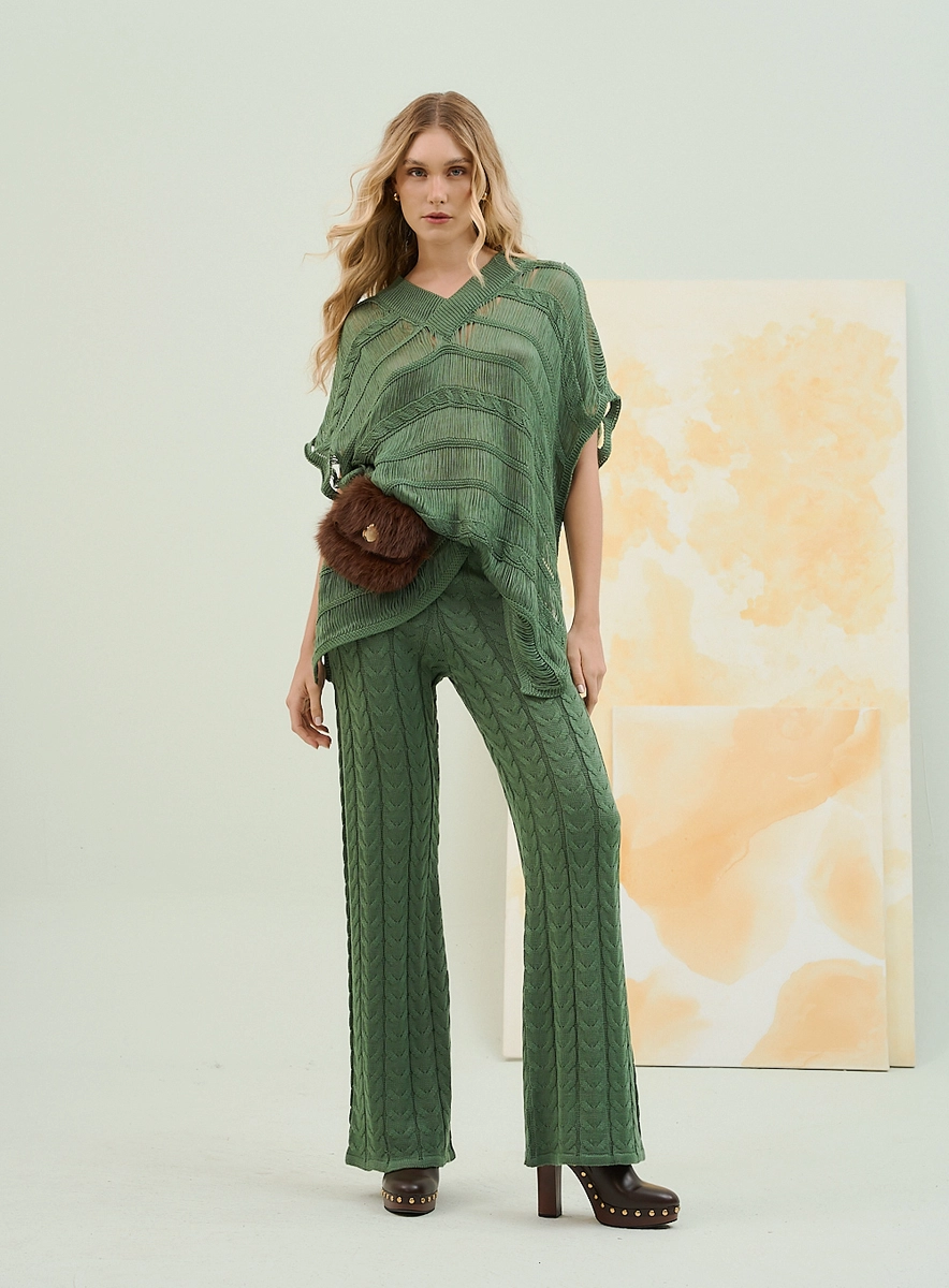 Calça Pantalona Tricot Com Textura Relevo Verde Souisy