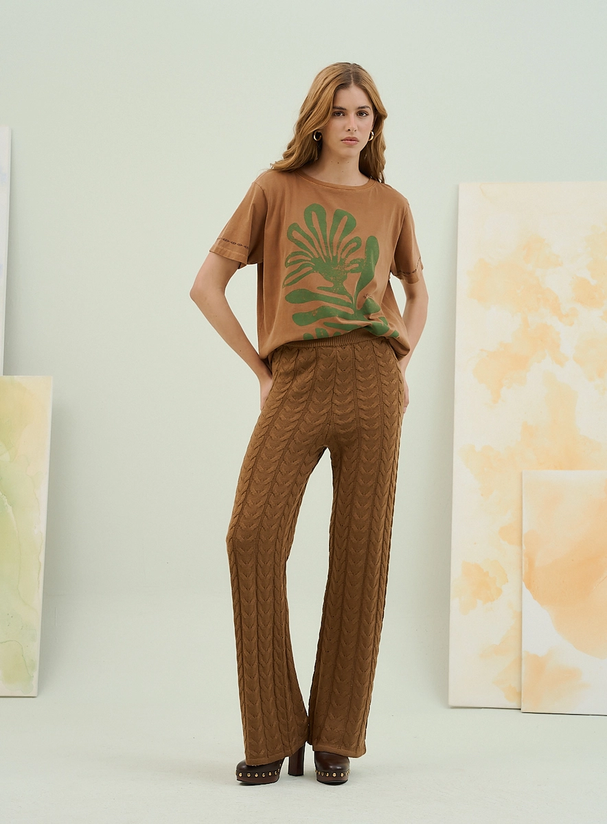 Calça Pantalona Tricot Com Textura Relevo Verde Souisy