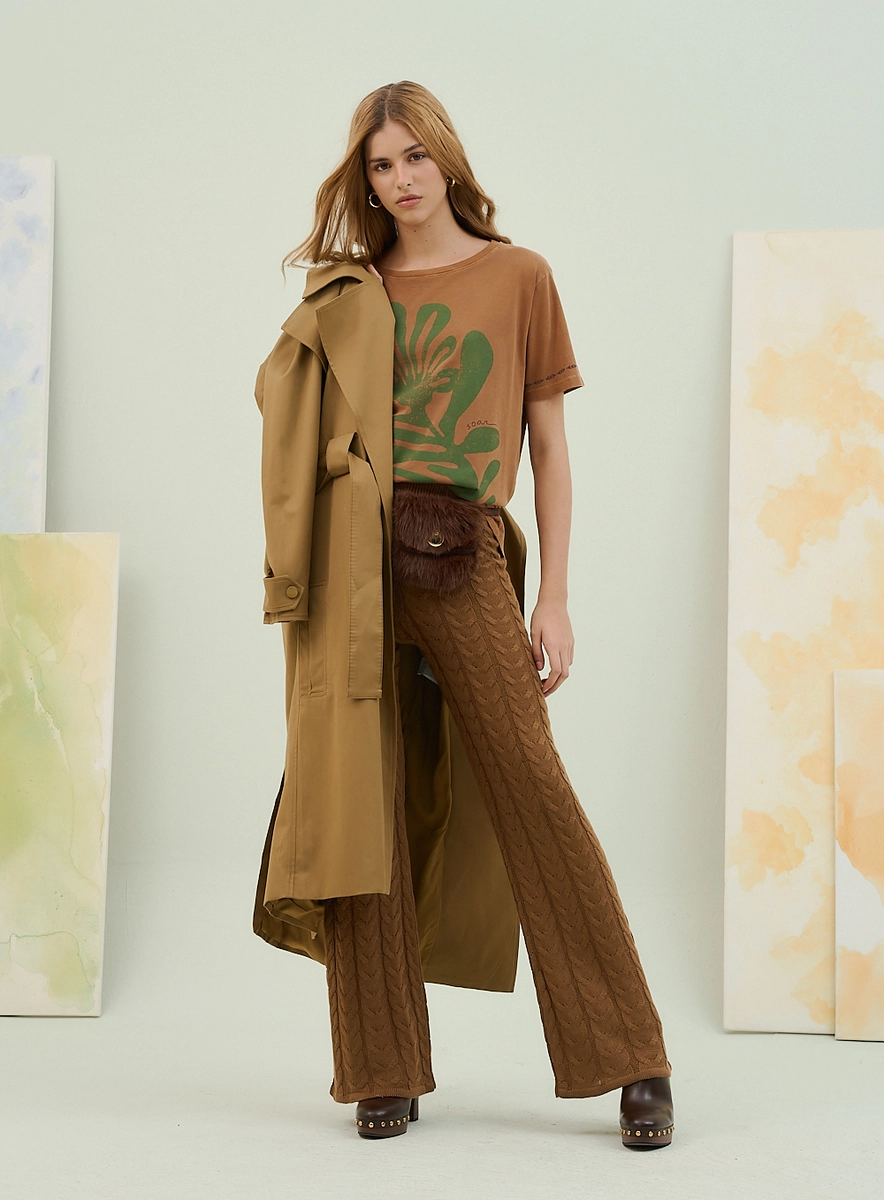 Calça Pantalona Tricot Com Textura Relevo Verde Souisy