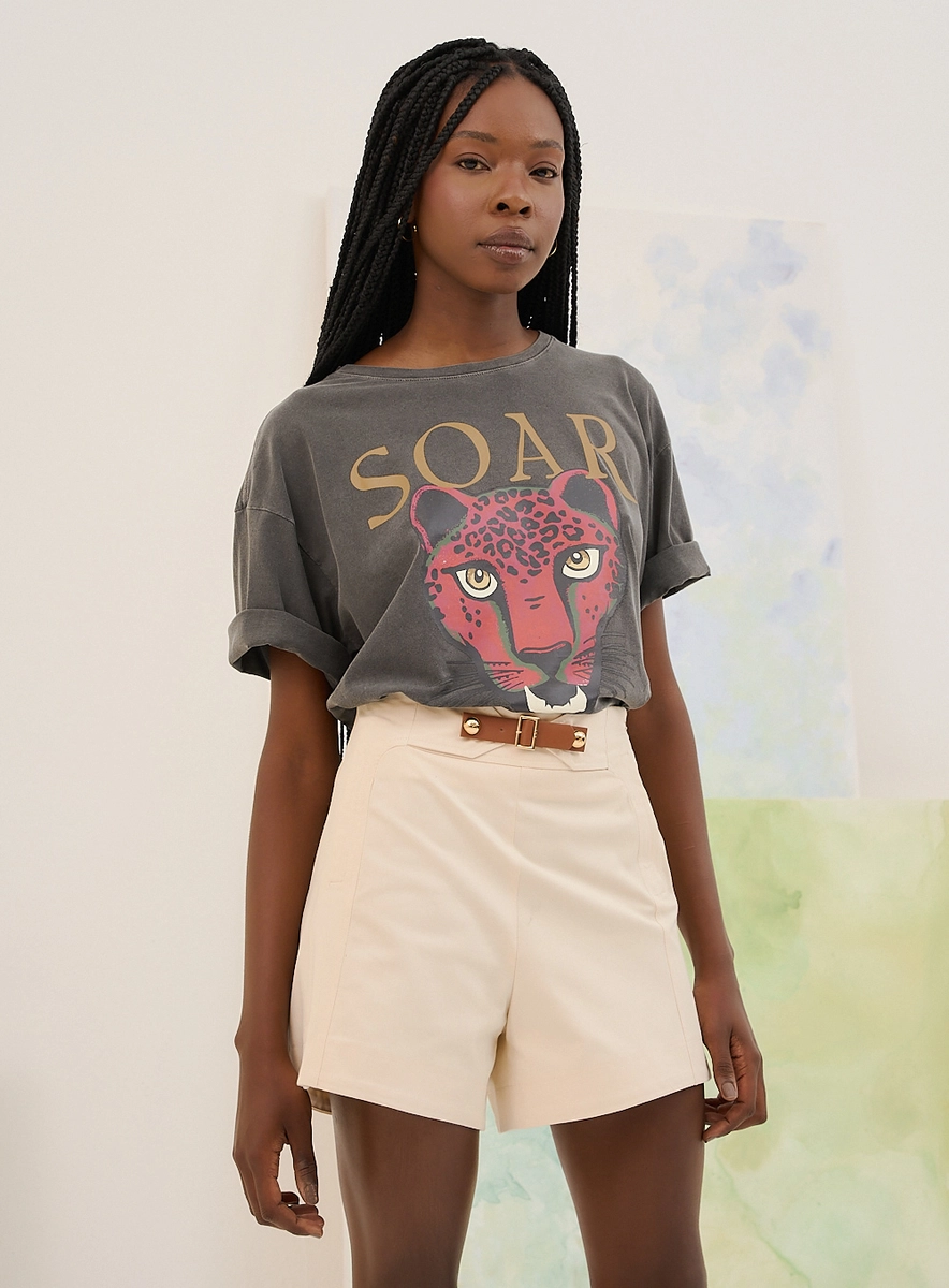 Short Sarja Feminino Com Cinto Bege Souisy