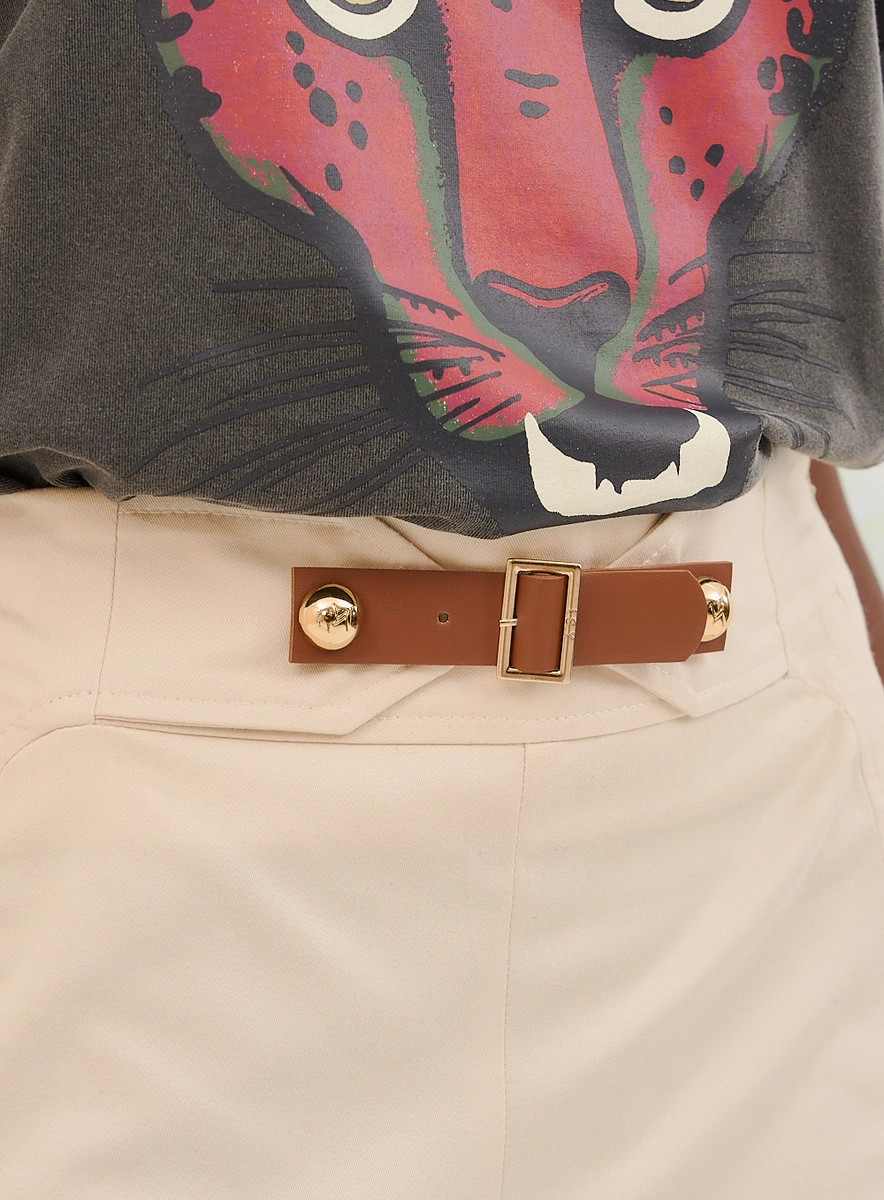 Short Sarja Feminino Com Cinto Bege Souisy