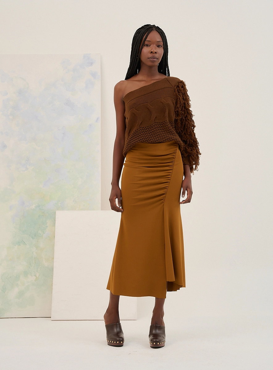 Saia Feminina Midi Com Drapeado Lateral Marrom Souisy