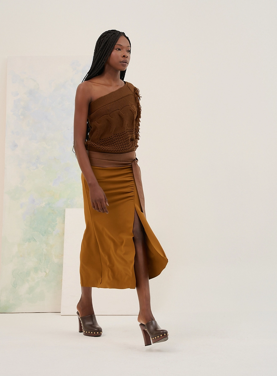 Saia Feminina Midi Com Drapeado Lateral Marrom Souisy