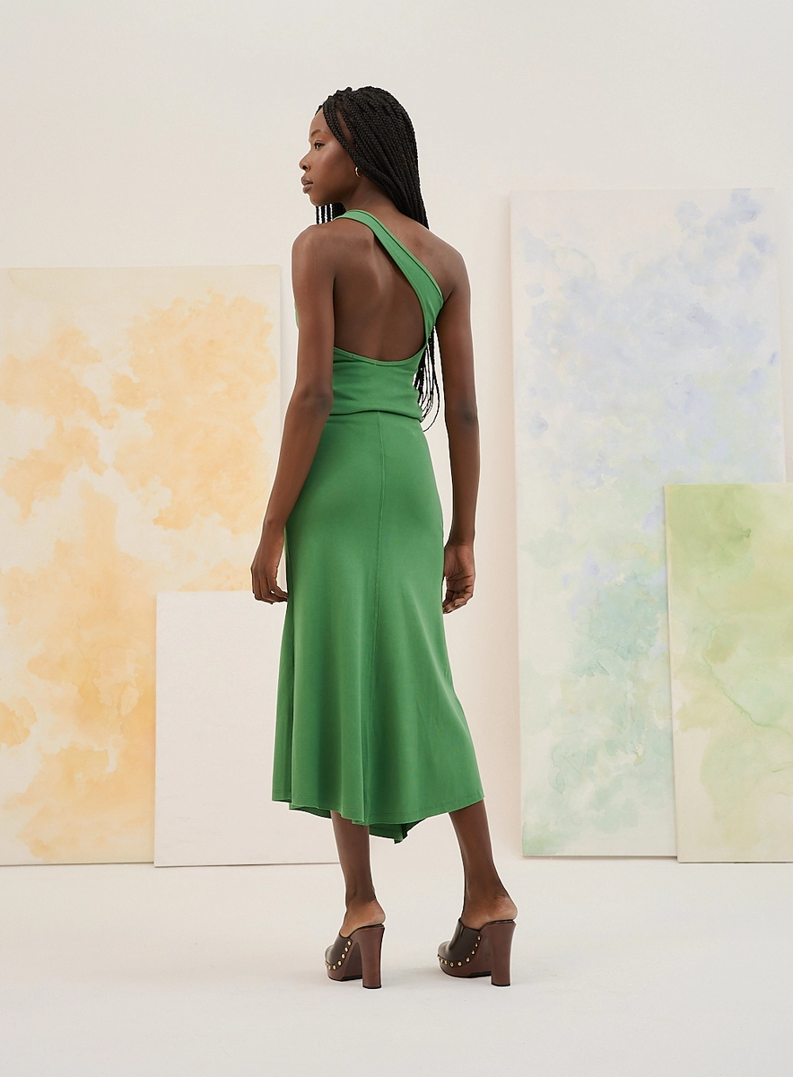 Saia Midi One Shoulder Com Fenda Lateral Verde Souisy