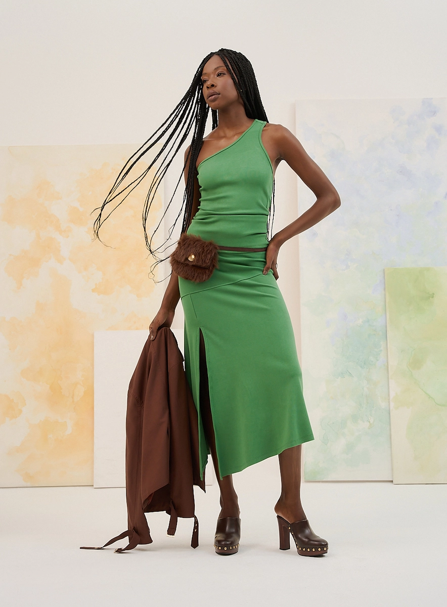 Saia Midi One Shoulder Com Fenda Lateral Verde Souisy