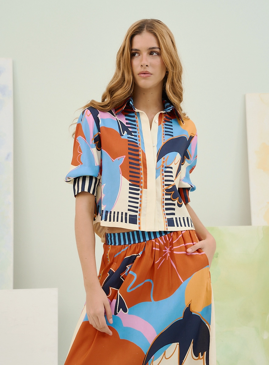 Camisa Cropped Feminina Estampada Com Manga Curta Estampados Souisy