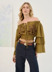 Blusa Ombro A Ombro Com Bordado Frontal