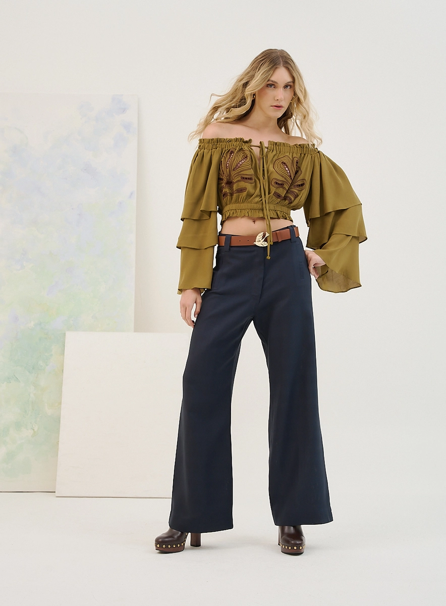 Blusa Ombro A Ombro Com Bordado Frontal Verde Souisy