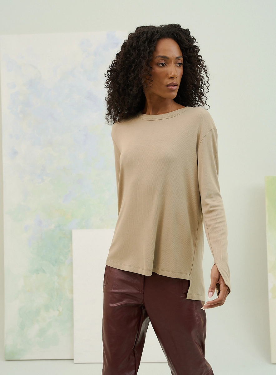 Blusa Básica Canelada Com Manga Longa Verde Souisy
