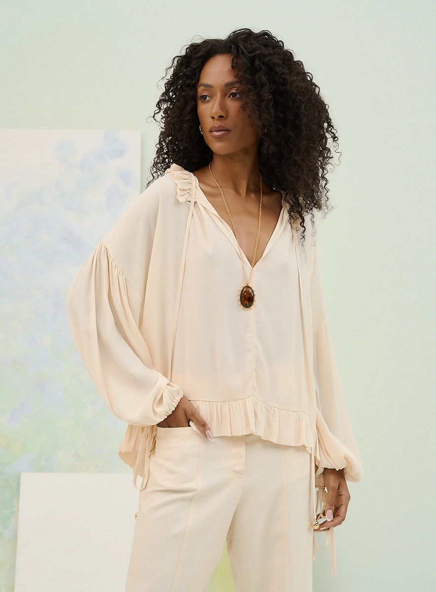 Blusa Basic Comfort Com Babados E Manga Bufante Bege Souisy