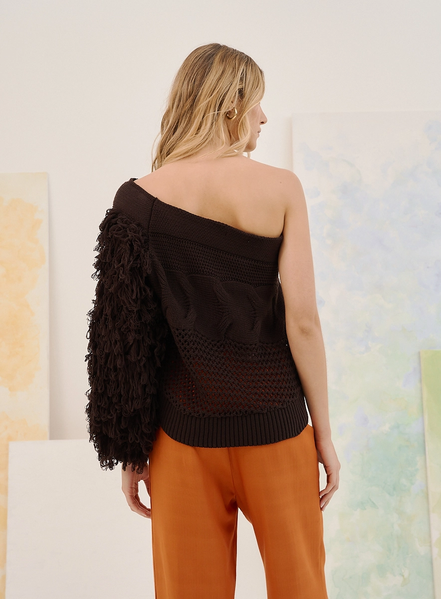 Blusa Feminina Tricô Assimétrica Marrom Souisy