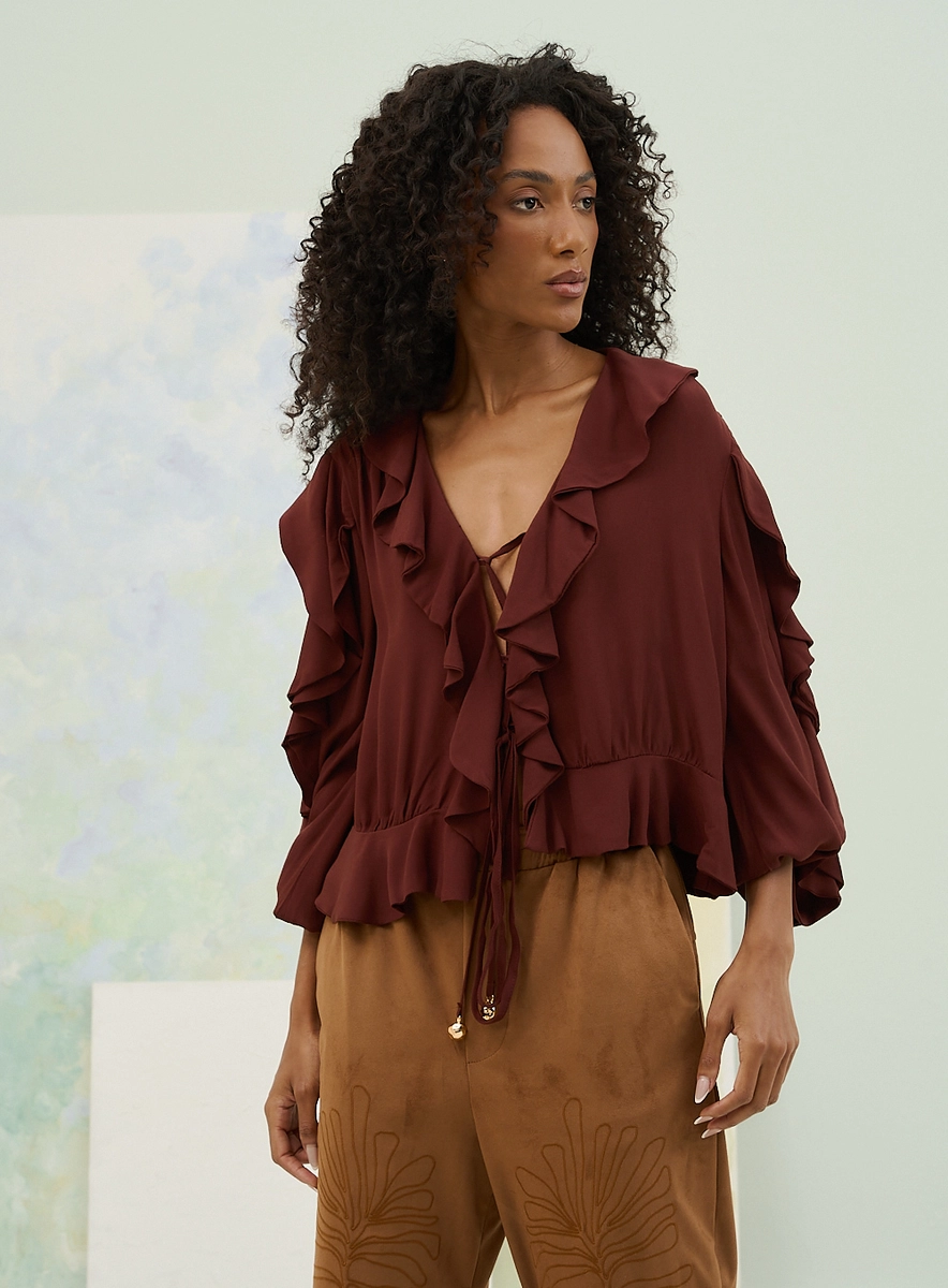 Blusa Feminina Basic Comfort Com Decote V Profundo Marrom Souisy