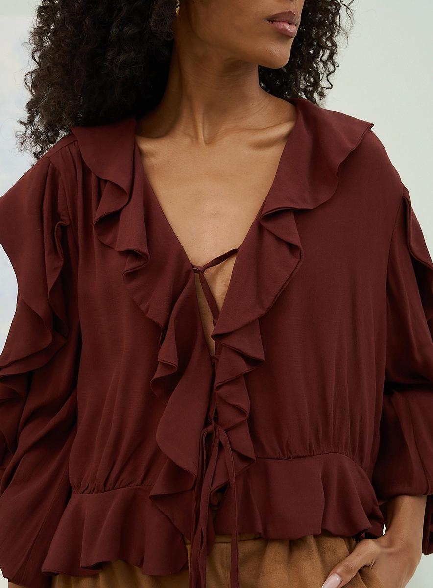 Blusa Feminina Basic Comfort Com Decote V Profundo Marrom Souisy