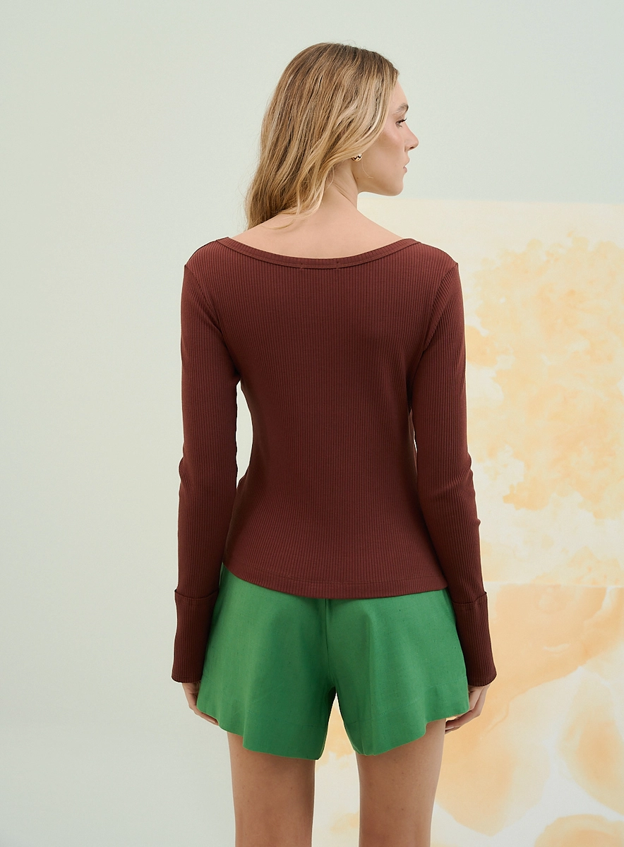 Blusa Basic Comfort Manga Longa Marrom Souisy