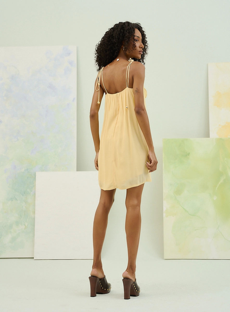 Vestido Curto Com Alça Fina E Babados Verticais Amarelo Souisy
