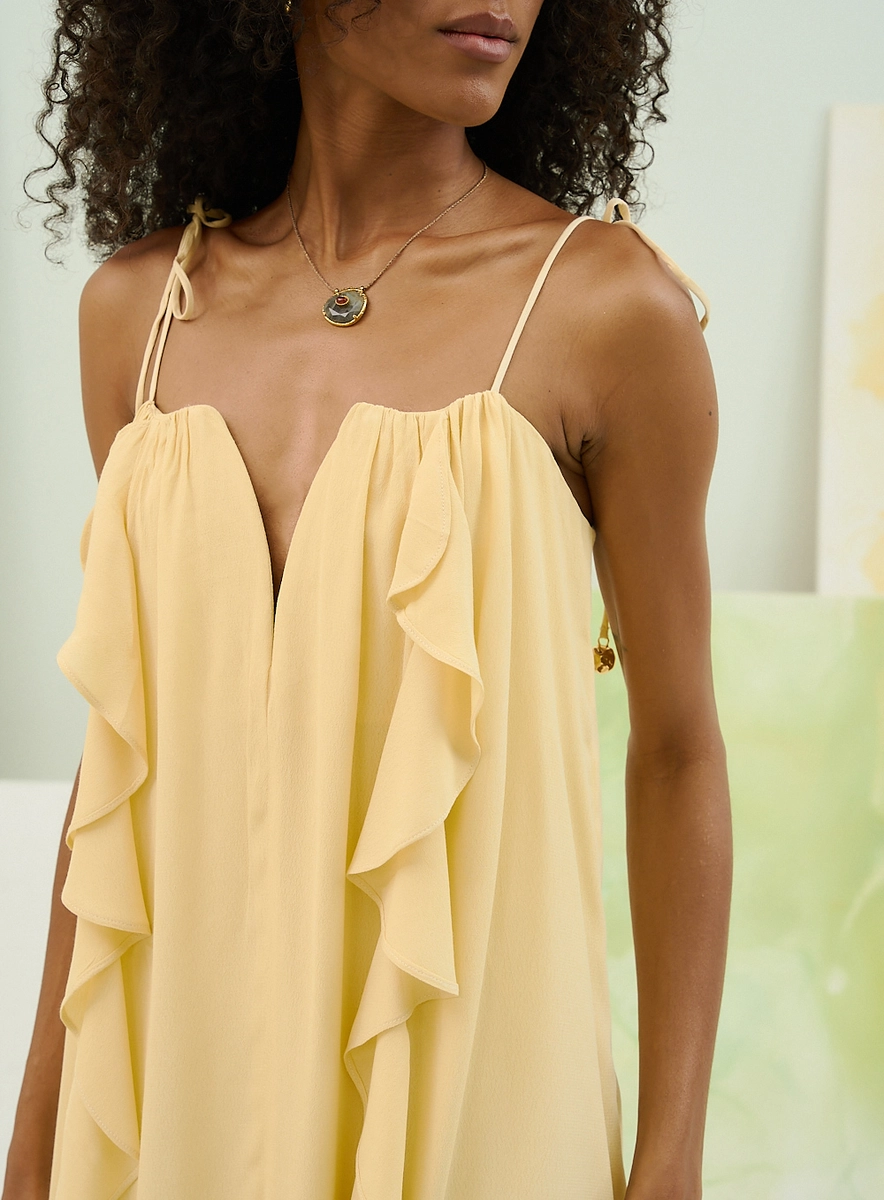 Vestido Curto Com Alça Fina E Babados Verticais Amarelo Souisy