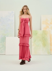 Vestido Longo Com Laço Frontal E Babados