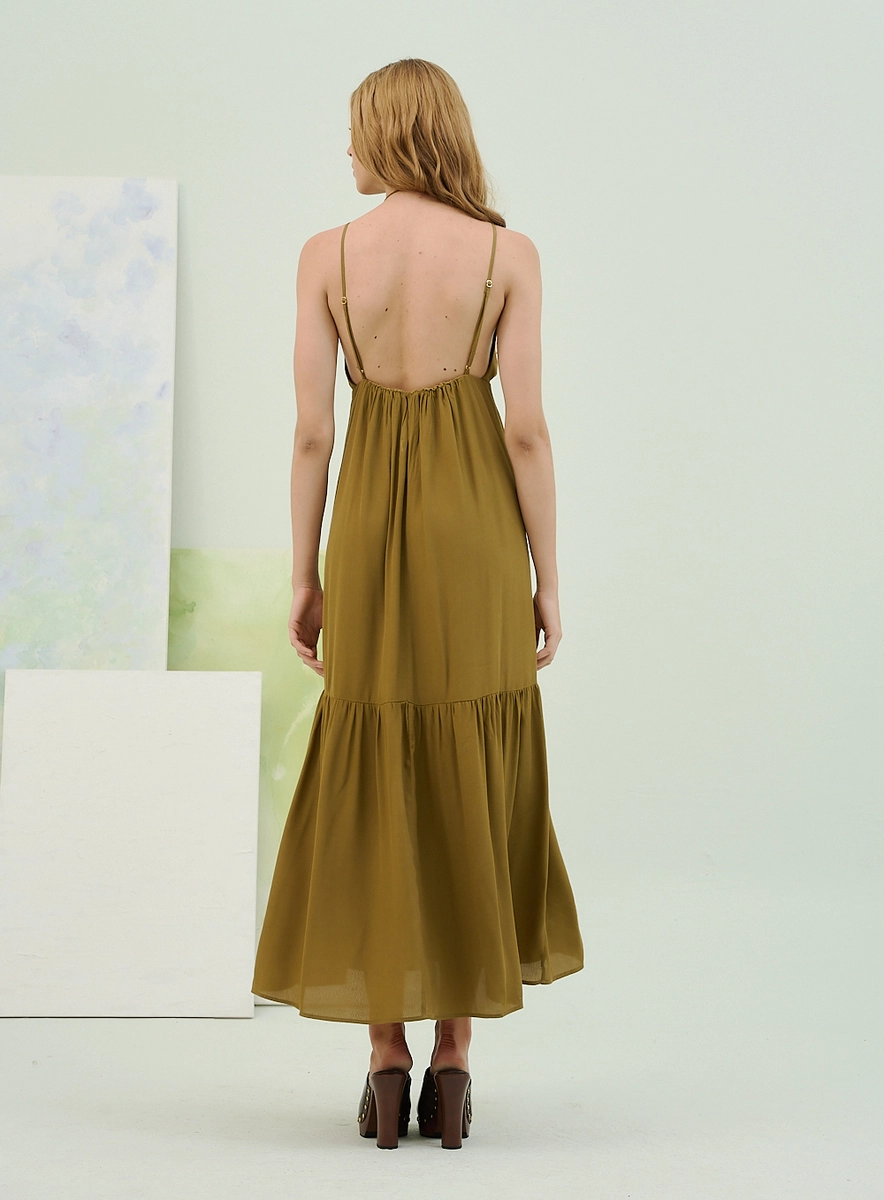 Vestido Longo Com Alças Finas E Decote Em V Verde Souisy