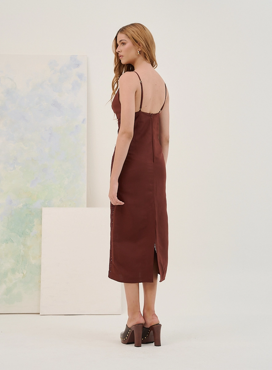 Vestido Midi Com Renda Texturizada Marrom Souisy