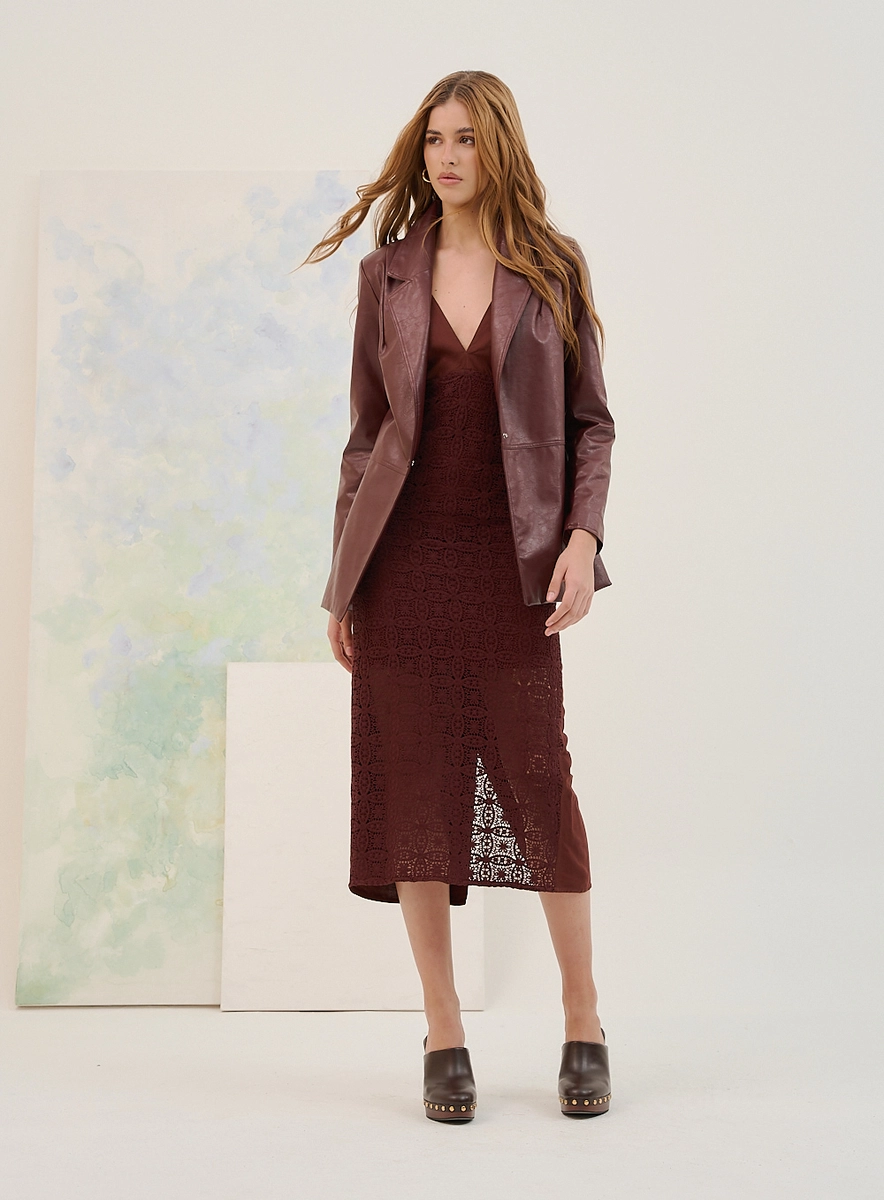 Vestido Midi Com Renda Texturizada Marrom Souisy