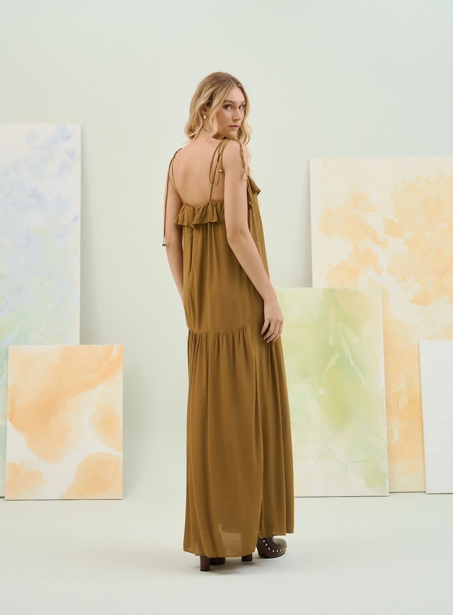 Vestido Longo Com Alças Finas E Bordado Frontal Verde Souisy
