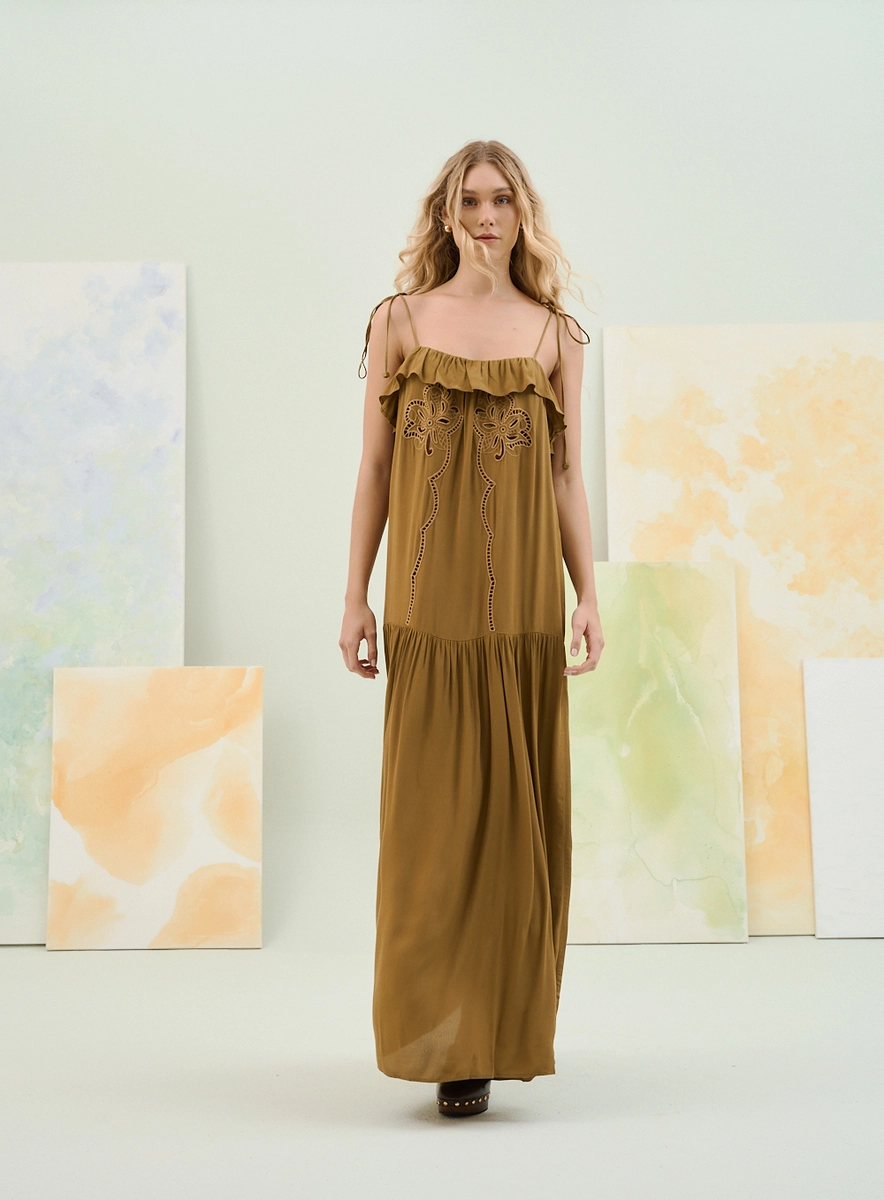 Vestido Longo Com Alças Finas E Bordado Frontal Verde Souisy