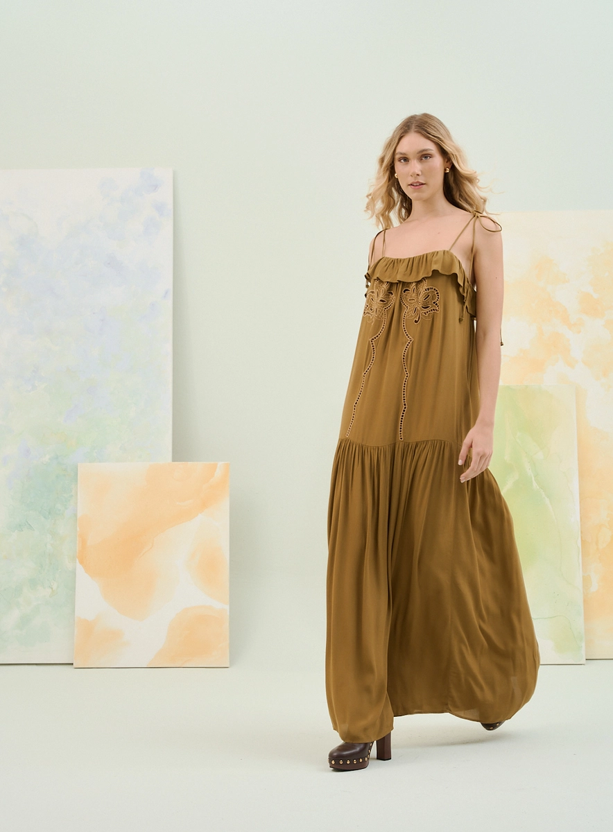 Vestido Longo Com Alças Finas E Bordado Frontal Verde Souisy